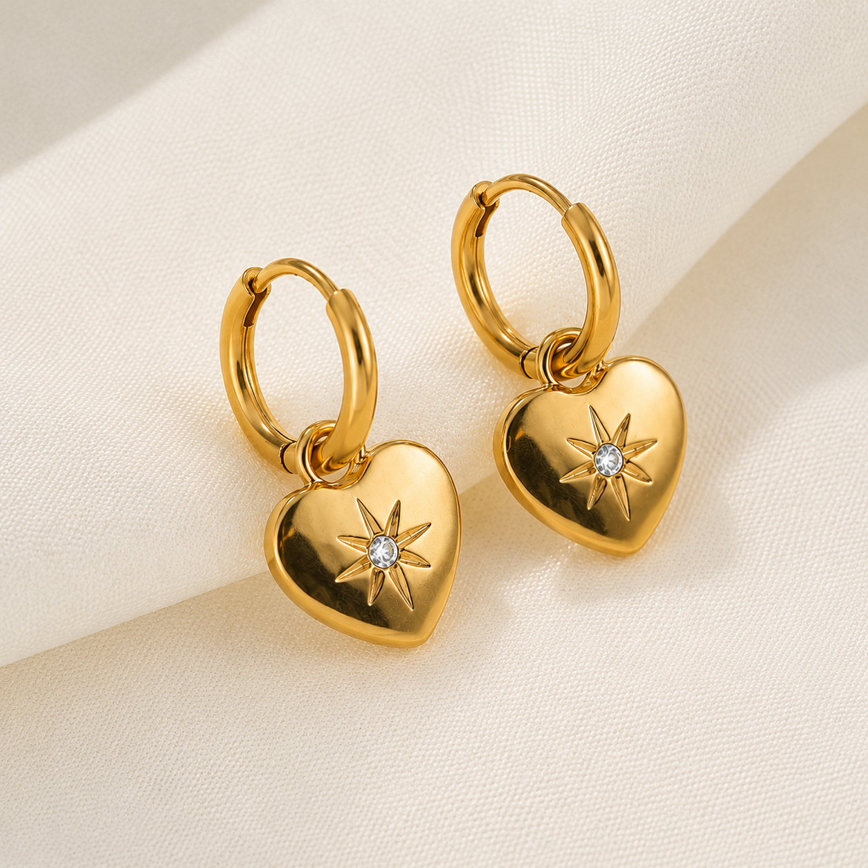 18K Gold Heart Charm Huggie Hoops Mio Queena