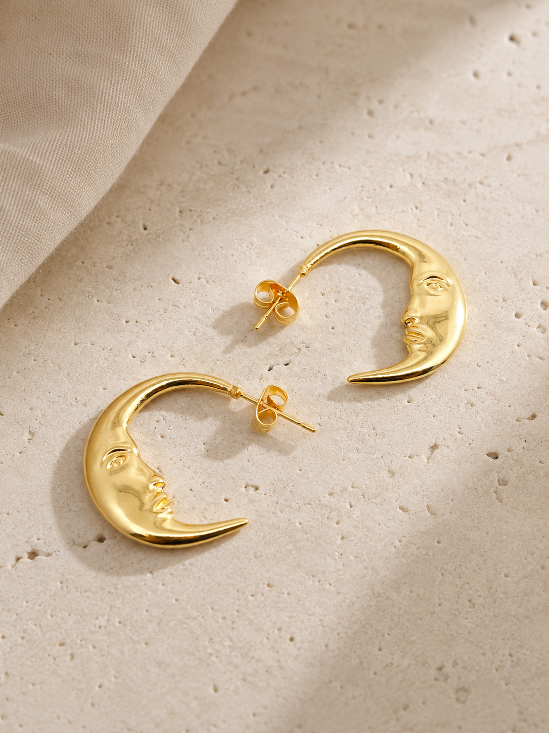 Moon Face Gold Plated Hoop Earrings Mio Queena