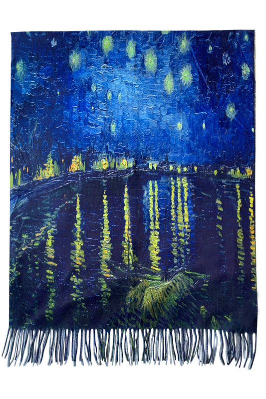 Van Gogh Starry Over The Rhone Wool Scarf with Tassel Edge Fashion Scarf World