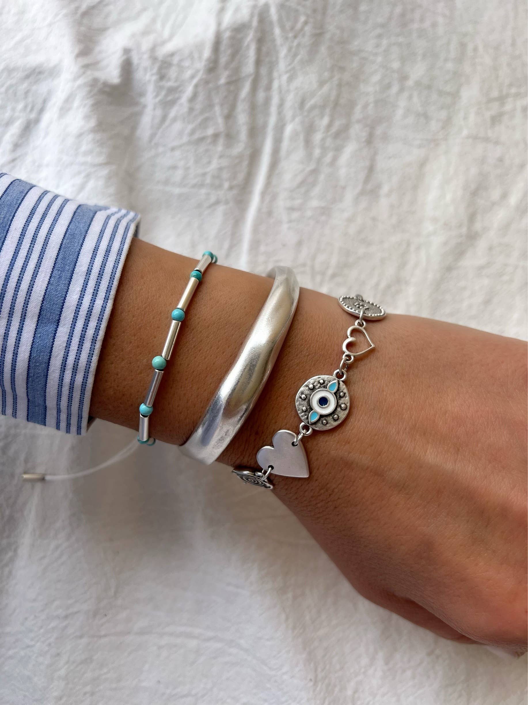 Silver Charm Bracelet, Silver Beaded Bracelet, Wide Bangle Christina Christi