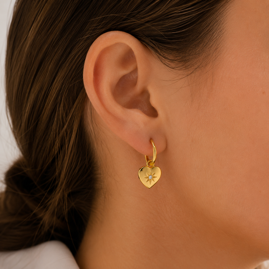 18K Gold Heart Charm Huggie Hoops Mio Queena