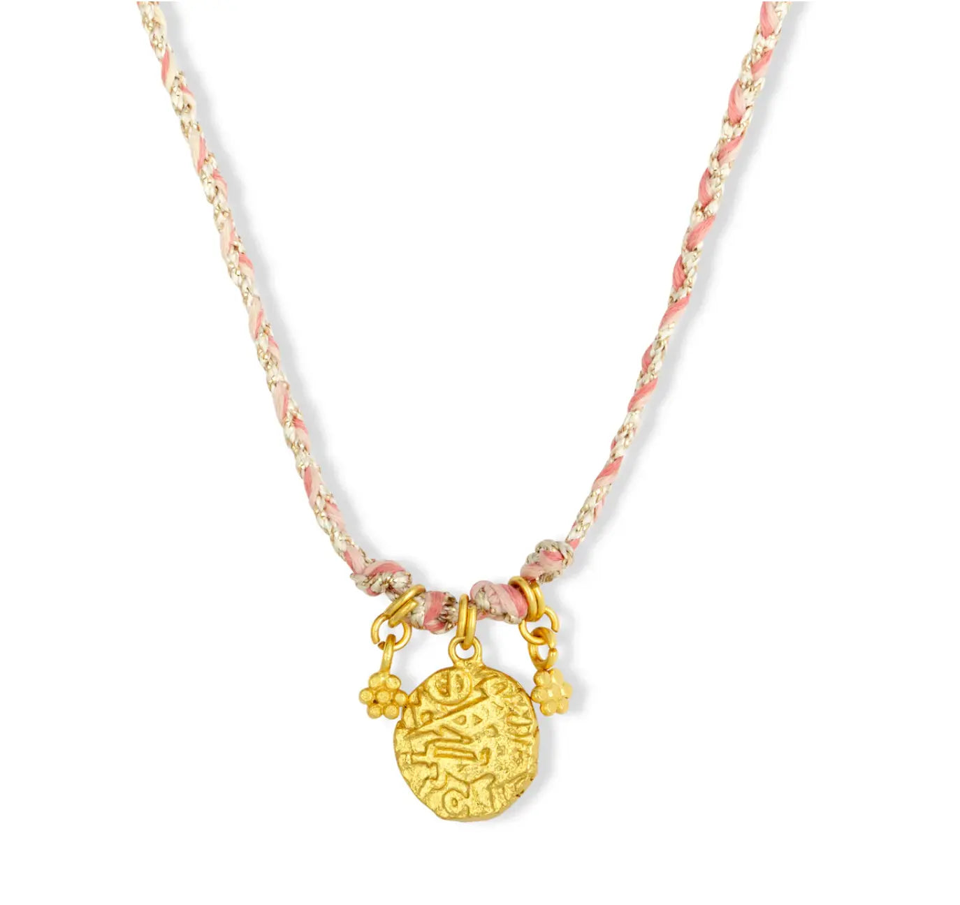Braided Pink Necklace with Gold Coin Charm COPPOLA