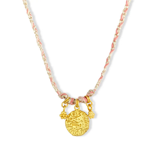 Braided Pink Necklace with Gold Coin Charm COPPOLA