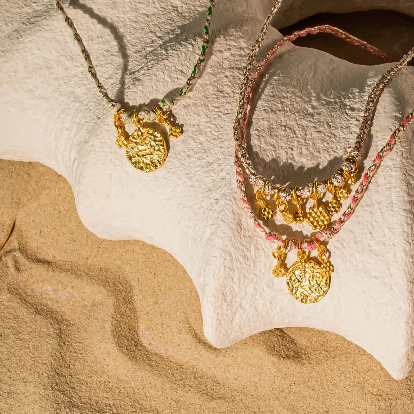 Braided Pink Necklace with Gold Coin Charm COPPOLA