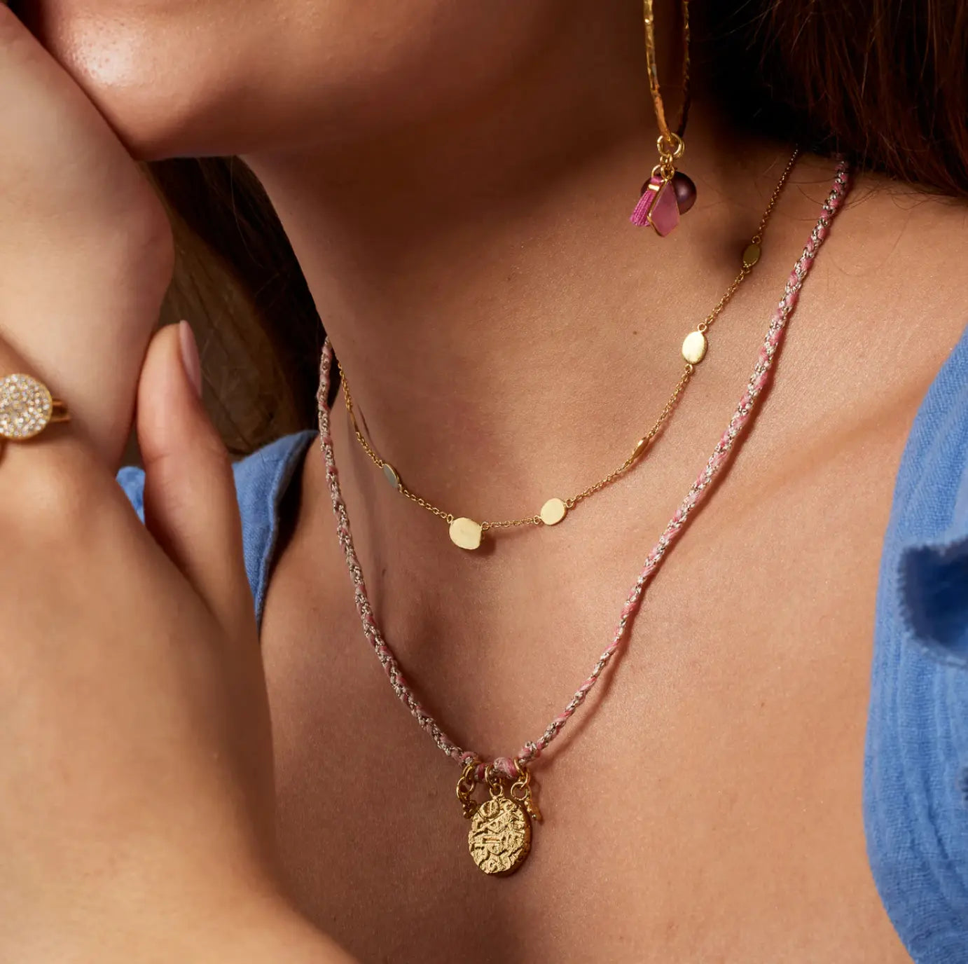 Braided Pink Necklace with Gold Coin Charm COPPOLA