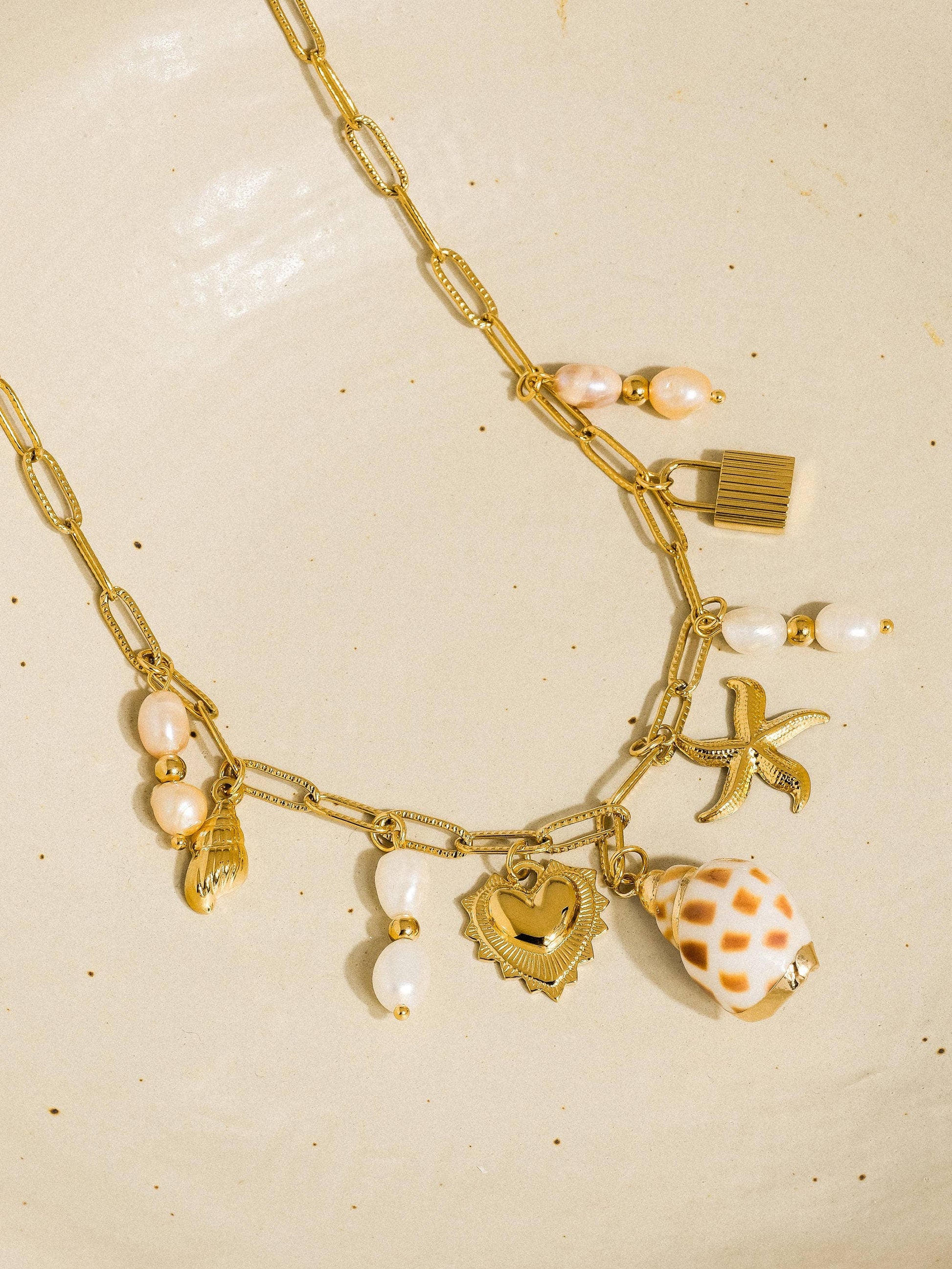 Ophélie 18K Gold Non-Tarnish Shell and Pearl Charm Necklace Flânerie by MAIQ