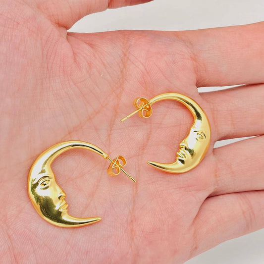 Mysterious Moon Face Design Gold Plated Hoop Earrings - MS Mio Queena